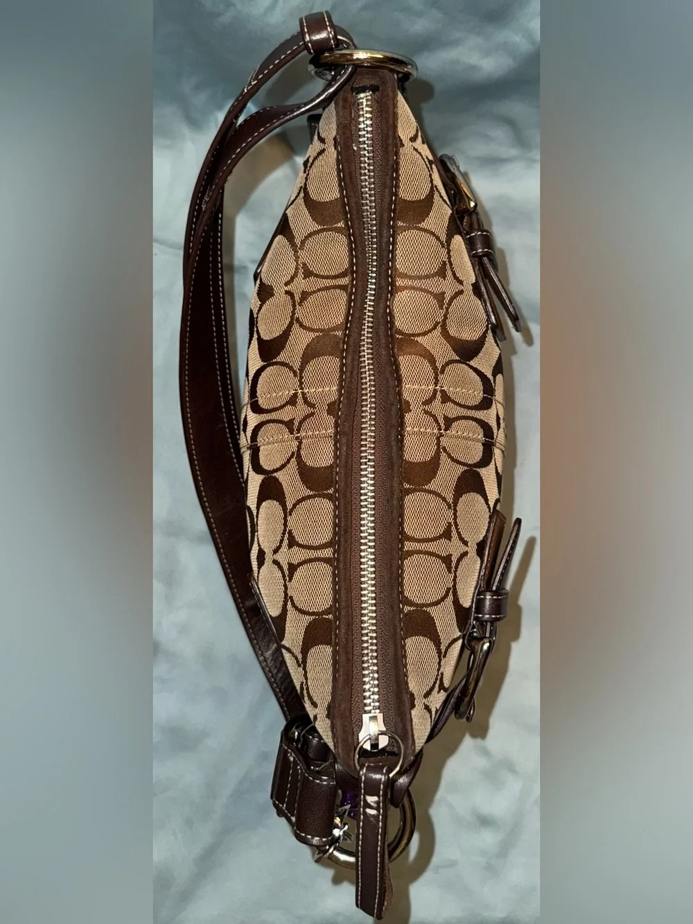 Coach 3574 Soho Signature Jacquard Tan & Brown with Brown Suede Shoulder Bag